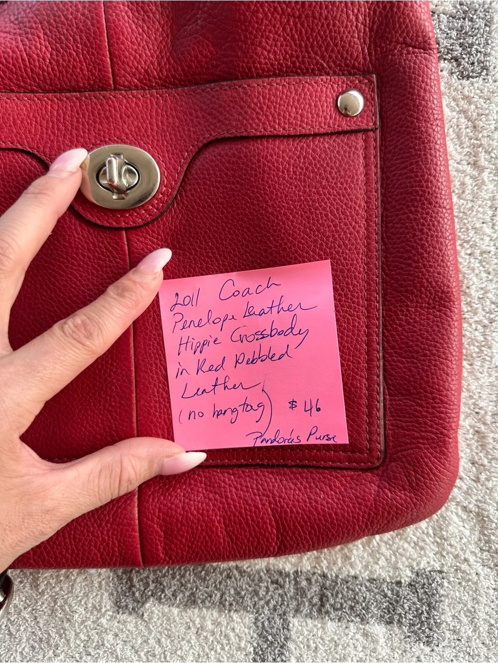 Coach Red Pebbled Leather Shoulder Bag with Turnlock Pocket